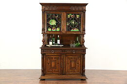 Oak Antique 1890 French Sideboard & China Cabinet, Leaded Stained Glass Doors