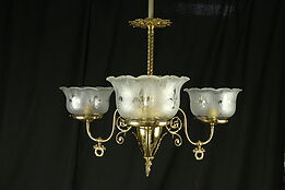 Victorian Brass Gas Chandelier, Antique Glass Shades, Electrified #30558