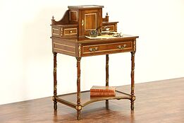 Spanish Walnut Vintage Secretary Desk, Leather Top, Brass Mounts & Galleries