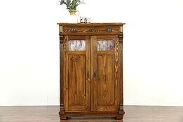 German Arts & Crafts Antique 1900 Pine Pantry Jelly Cupboard, Stained Glass