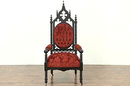 Victorian Gothic Antique 1860 Carved Walnut Chair, New Upholstery