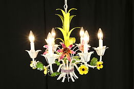 Wrought Iron Vintage Italian Chandelier, Hand Painted Flowers 20" #31326