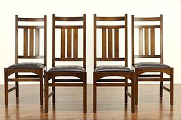 Set of 4 Quarter Sawn Oak Craftsman Dining Chairs, Leather, Stickley 2006 #31999