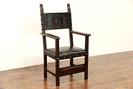Italian Carved Walnut &  Tooled Leather 1890's Antique Hall or Host Chair, Arms