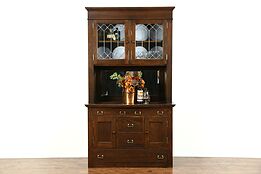 Oak 1900 Antique Pantry Cabinet, Sideboard & China, Leaded Glass Doors