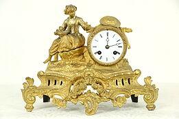 French Antique Bronze Clock, Sculpture of Girl Feeding Chicks, Signed Mourey