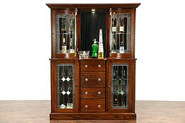 Oak 1900 Antique Back Bar or China Cabinet, Leaded Stained Glass, Beveled Mirror