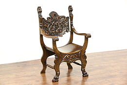Lion & Dragon Carved Antique 1900 Quarter Sawn Oak Hall or Throne Chair