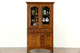 Victorian Eastlake 1895 Antique Oak Pantry Cabinet Kitchen Cupboard, Flour Bin