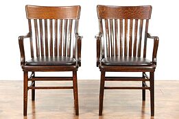 Pair 1910 Antique Oak Banker or Office Chairs, Leather Seats