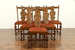 Set of 6 Antique Carved Oak Rathskeller Scandinavian Dining Chairs #31207