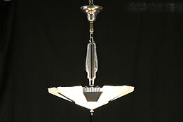 Art Deco 1930's Vintage Chandelier Light Fixture, Nickel & Satin Glass #31465