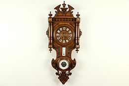 French Carved Walnut Antique Wall Clock, Barometer & Thermometer #31747