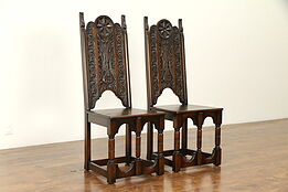 Pair of Renaissance Carved Antique Oak Hall Chairs #31988