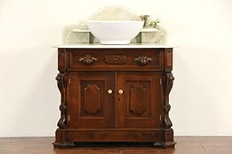 Victorian Carved Walnut 1870 Antique Marble Top Commode, Sink Vanity or Bar