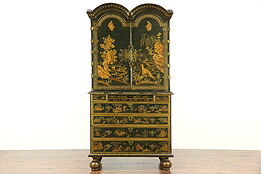 Chinese Painted English 1700's Antique Collector Cabinet of Curiosities & Desk