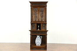 French Gothic Antique 1900 Oak Cabinet, Hand Carved Figures