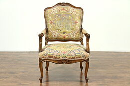 Carved 1920 Antique Chair, Needlepoint & Petit Point Birds, France