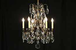 Brass Vintage Chandelier, 6 Candles, Giant Cut Crystal Prisms & Ball