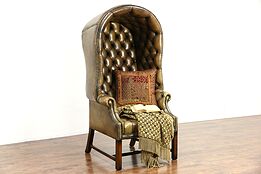 English Style Vintage Hall Porter Chair with Hood & Arms, Tufted Leather