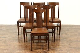 Set 6 Arts & Crafts Mission Oak Antique Craftsman Dining Chairs, Leather #28678