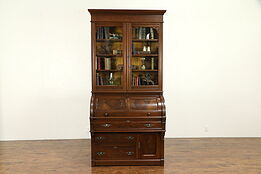 Victorian Eastlake Antique Cylinder Roll Top Secretary Desk & Bookcase #29119