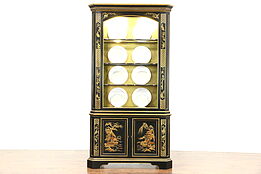 Black Lacquer Chinoiserie Vintage Curio or China Display Cabinet Signed Heritage