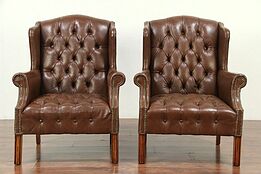 Pair Tufted Leather Vintage Wing Chairs, Brass Nail Head Trim #28867