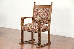 Oak Antique Desk Chair, Carved Knights, Tapestry Upholstery, Scandinavia #29329