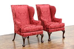 Pair signed Kittinger NY Vintage Wing Chairs, Carved Claw Feet, New Upholstery