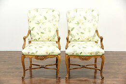 Pair of Country French Carved Beech Chairs, Newly Upholstered