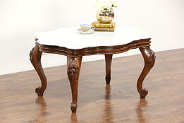 Victorian Style Vintage Marble Top Coffee Table, Carved Walnut