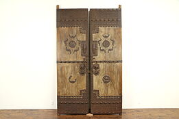 Pair of Antique Architectural Salvage Chinese Temple Doors, Iron Mounts #31992