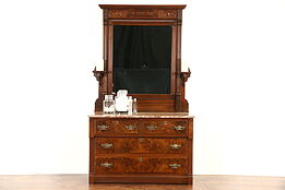 Victorian Eastlake 1880's Antique Walnut Chest or Dresser, Marble & Mirror