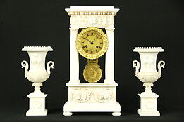 French Hand Carved Alabaster & Bronze 3 Pc. Antique 1840 Mantel Clock Set