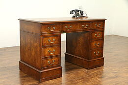 Traditional Elm Burl English Vintage Library Desk, Leather Top #31035