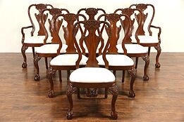 Set of 8 Vintage Carved Mahogany Dining Chairs, Upholstered Seats