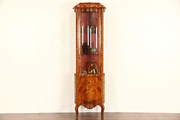 Italian Rosewood Marquetry Narrow Curved Glass Vintage Curio Cabinet
