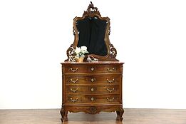 French Carved Walnut 1900 Antique Chest or Dresser, Marble & Mirror