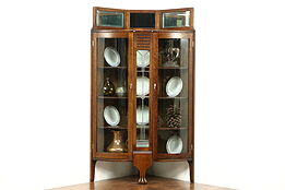 Arts & Crafts Antique Oak Curved & Leaded Glass Corner China Curio Cabinet