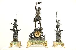 French Antique Mantel Clock Set, Onyx & Bronze, 3 Sculptures, Signed #29618