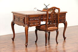 Walnut Antique Italian Piedmont Carved Library Desk & Leather Chair #29666