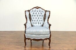 French Style Carved Vintage Wing Chair, New Upholstery #30147