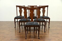 Set of 6 Antique Quarter Sawn Oak Dining Chairs, Paw Feet New Upholstery #30179