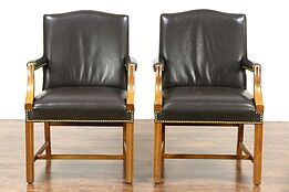 Pair of Vintage Leather Library or Office Chairs with Arms, Signed Taylor