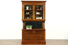 Oak Antique China Cabinet, Server, Pantry Cupboard, Mirror & Columns #28733