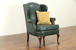 Leather Vintage Wing Chair, Brass Nailhead Trim, Signed North Hickory #31646