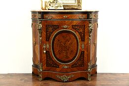 Italian Marble Top Rosewood Marquetry Console Cabinet, Brass Figural Mounts