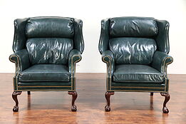 Georgian Pair Traditional Vintage Leather Wing Chairs, Signed Parliament #29587