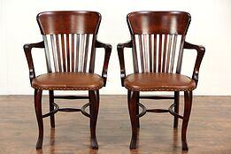 Pair 1910 Antique Banker, Office or Library Chairs with Arms, Leather Seats